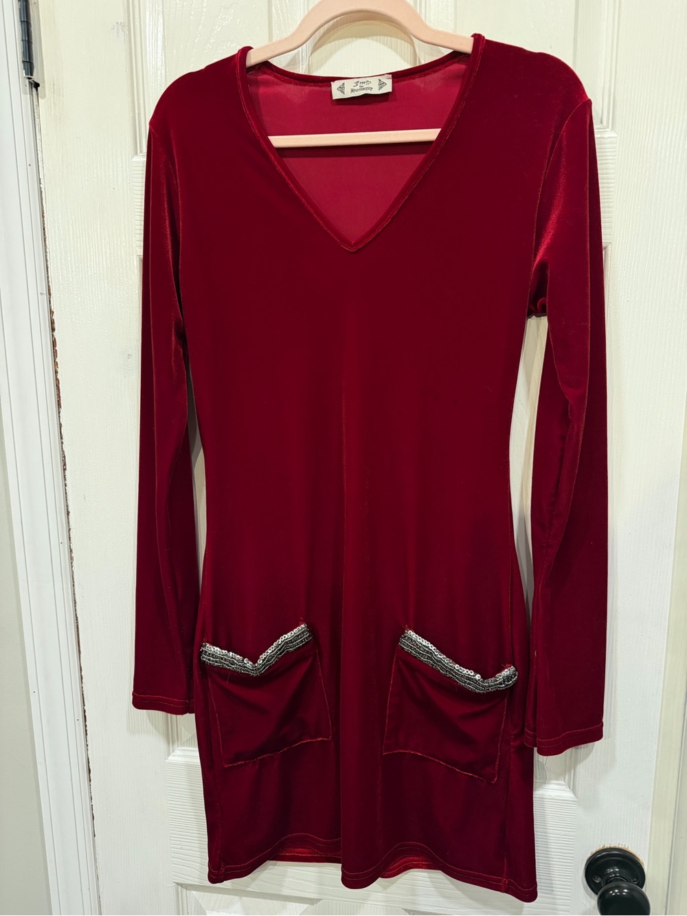 Free People Deep Red Velvet Long-Sleeve V-Neck Dress with Metallic-Trim Pockets